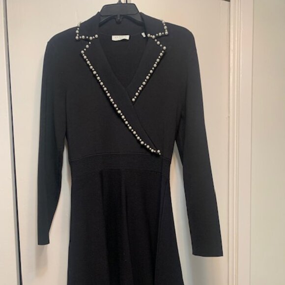 Sandro Paris Dresses & Skirts - Sandro Paris Runway Faux Pearl  Black A-Line Dress Long Sleeve knit dress